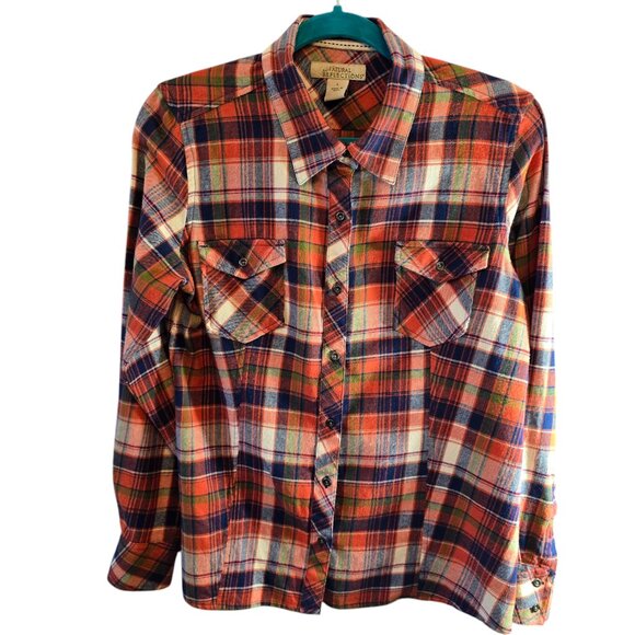 NATURAL REFLECTIONS 100% COTTON PLAID LONG SLEEVE SHIRT SIZE LARGE ORANGE BLUE - Picture 1 of 9
